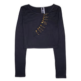 LOFT 211 Long Sleeve Crop Top W/ Front Cut Out & Pins (Black)