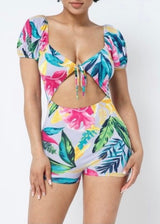 Belita Collection Multi Tropical Print Tie Bust Romper (Lavender) SBR1178