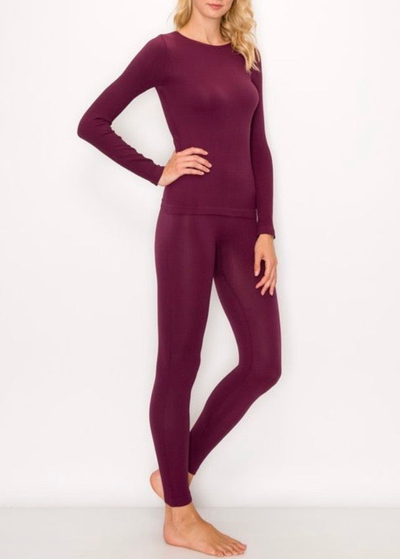 Kimberly Ribbed Seamless Long Sleeve and Legging Lounge Set (Wine)