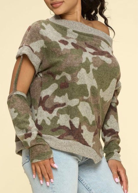 WinWin Camo Print Off The Shoulder Sweater (Olive/Rust/Grey) WT13060