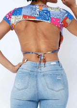 Love J Short Sleeve Cut Out Back Detail Bandana Top (Royal/Fuschia) A1374