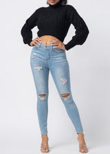 Hera Collection Turtle Neck Crop Cable Sweater (Black) 22574