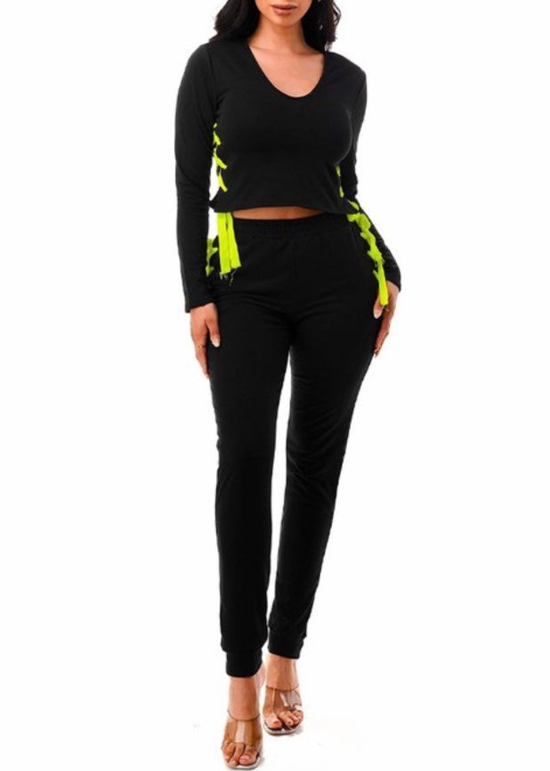 Love Highlight Long Sleeve Crop Top & Long Pant Set (Black) DS523H1