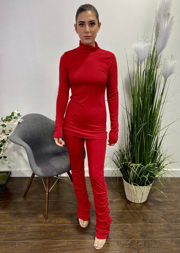 Belita Long Sleeve Thumb Slit Top & Ruched Pant Set (Red) SET-736