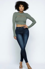 Hera Collection Mock Neck Across Lace Crop Top (Moss)