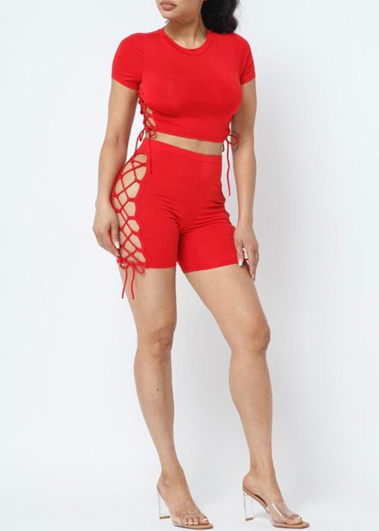 Love Highlight Side Lace Up Crop Top & Lace Up Short Set (Red) U40656-A