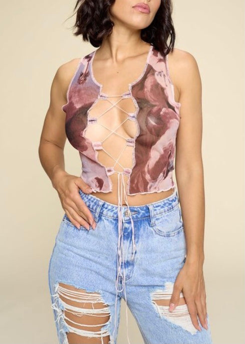 WinWin Tie Dye Mesh Open Lace Upfront Crop Top (Multi) WT12698