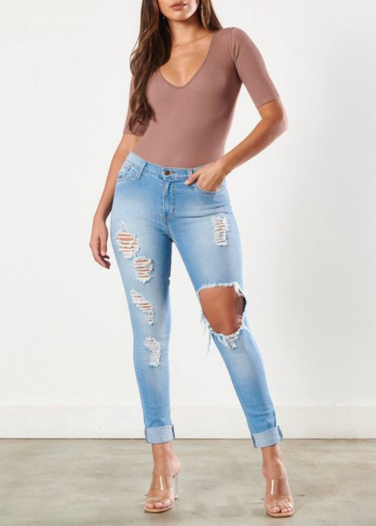 Vibrant Freebird Destroyed Skinny Jeans (Medium Stone) P803