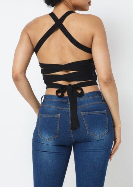 Hera Collection Cross Back Tie Crop Top (Black) 22481