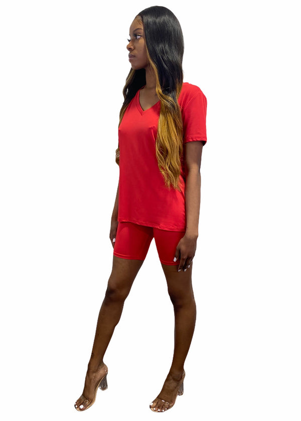 Daisy Solid V Neck Short Sleeve Top T Shirt & Biker Shorts Set (Red)