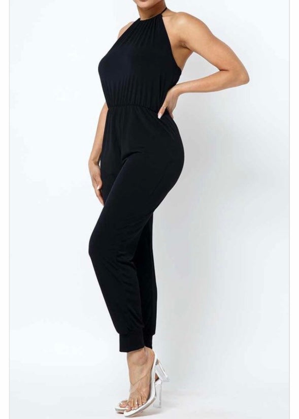 Love J Halter Neck Solid Jumpsuit (Black) J56210