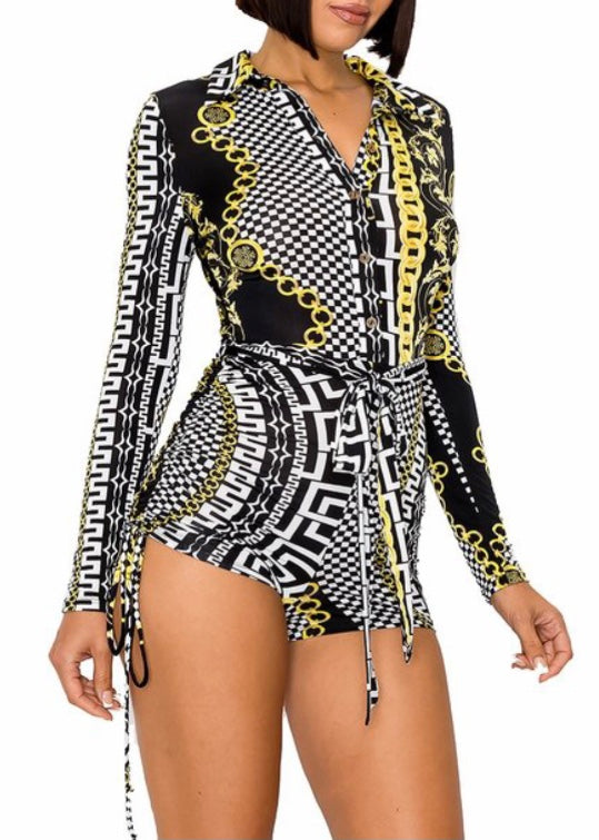 Gibiu Gold Chain Pattern Print Belted Romper (Black/White) GR40041-6183