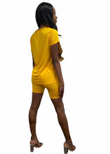 Daisy Solid V Neck Short Sleeve Top T Shirt & Biker Shorts Set (Mango)