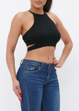 Hera Collection X-Cross Open Back Crop Top (Black) 22799