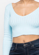 Hera Collection Long Sleeve V-Neck Off Shoulder Crop Top (Baby Blue) 21915