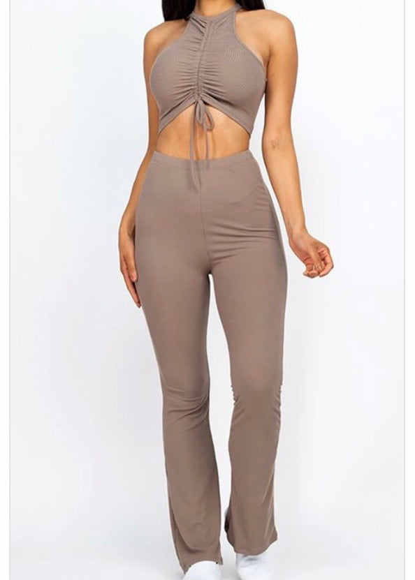 Capella Ruched Front Crop Top & Bootcut Pants Set (Taupe) BTP3160