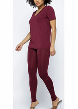 Daisy Solid V Neck Short Sleeve Top T Shirt & Biker Shorts Set (Burgundy)