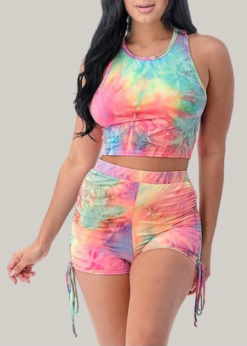 Romance Racerback Crop Top & Shorts Tie Dye Set (Multi) P4614