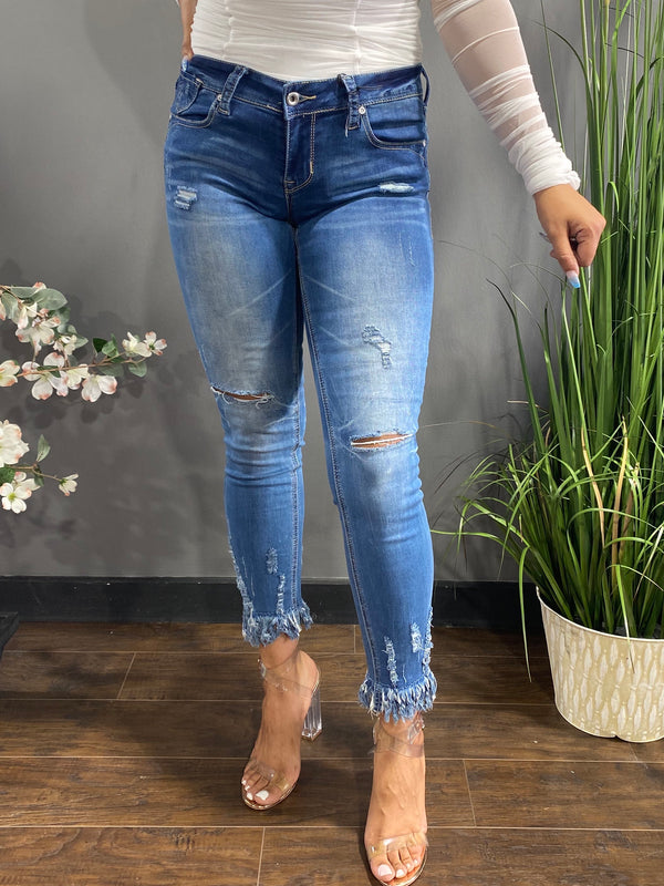 Grace In LA Frayed Distressed Skinny Jeans (Medium Wash)