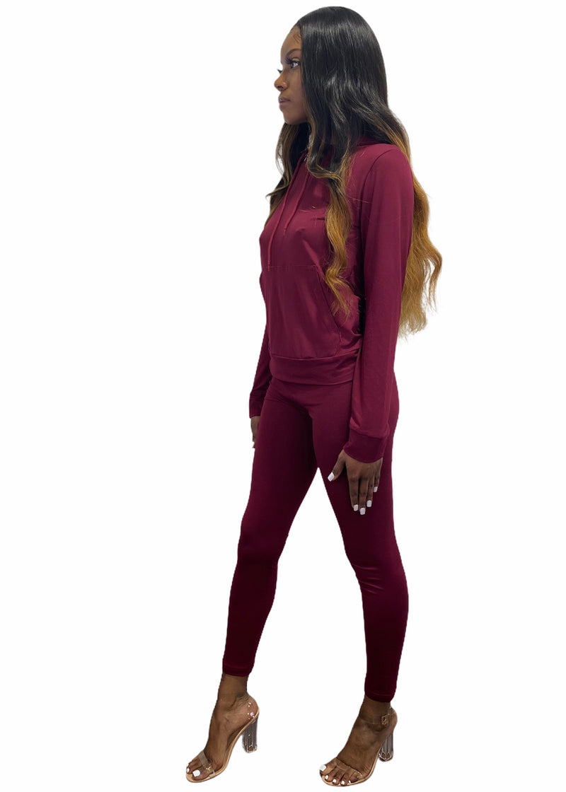 Top Fashion 2 Piece High Waist Pants And Hoodie Set (Burgundy) JV30937