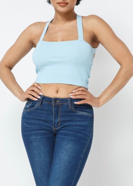 Hera Collection Cross Back Tie Crop Top (Light Blue) 22481