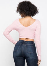 Hera Collection Long Sleeve V-Neck Off Shoulder Crop Top (Blush) 21915