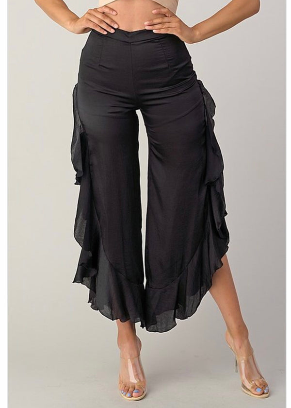 Primi Satin Stretch Ruffle Pants (Black) P3147