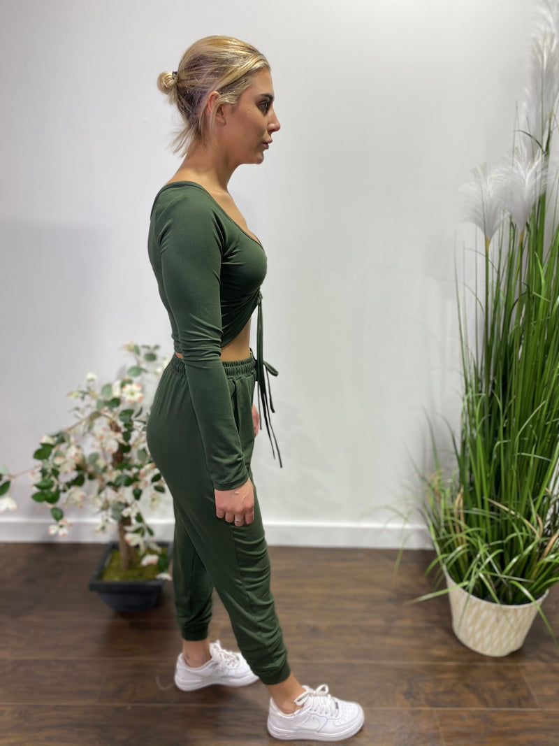 Capella Strap Ruched Crop Top and Jogger Pants Set (Olive) BTP2987