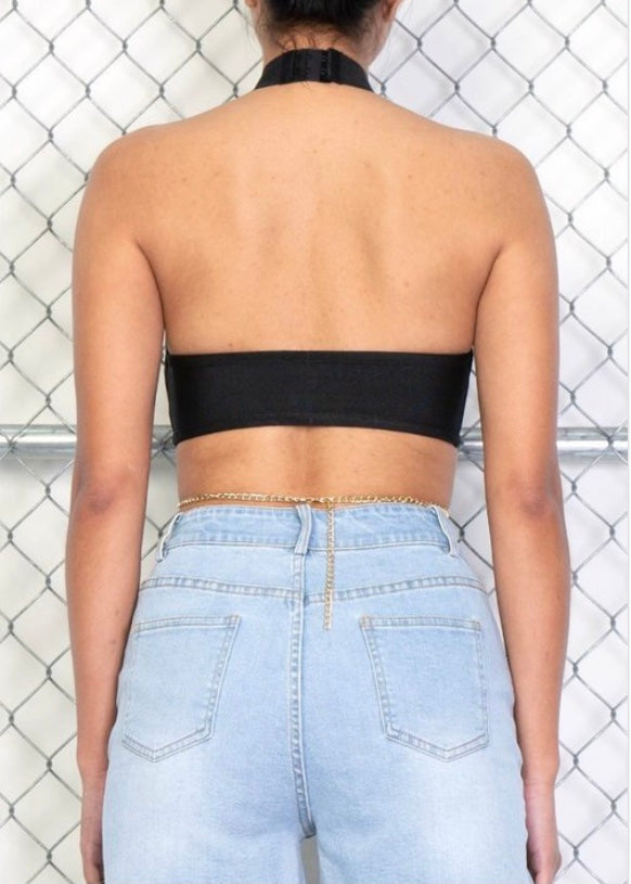 Rehab Crossed Halter Neck Metal Chain Crop Tube Top (Black) JT5185B