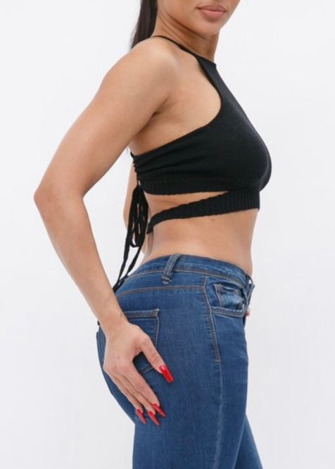 Hera Collection X-Cross Open Back Crop Top (Black) 22799