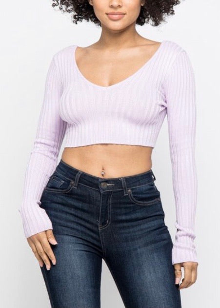 Hera Collection Long Sleeve V-Neck Off Shoulder Crop Top (Lavender) 21915