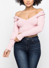 Hera Collection Long Sleeve V-Neck Off Shoulder Crop Top (Blush) 21915