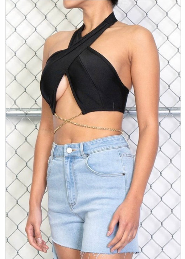 Rehab Crossed Halter Neck Metal Chain Crop Tube Top (Black) JT5185B