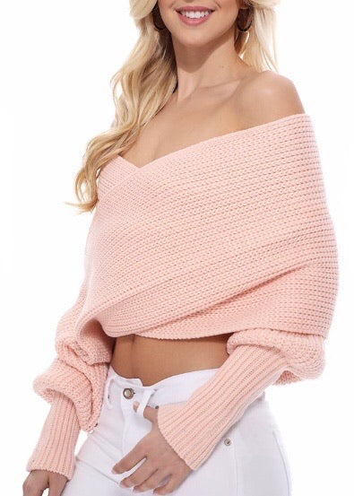 Yemak Off The Shoulder Long Sleeve Wrap Sweater Shawl (Blush) KC003