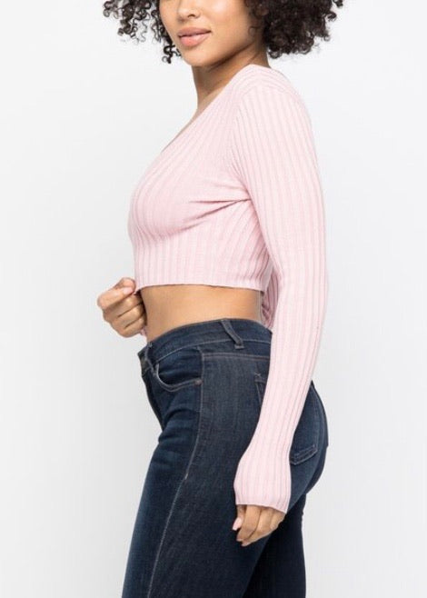 Hera Collection Long Sleeve V-Neck Off Shoulder Crop Top (Blush) 21915