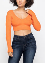 Hera Collection Long Sleeve V-Neck Off Shoulder Crop Top (Orange) 21915