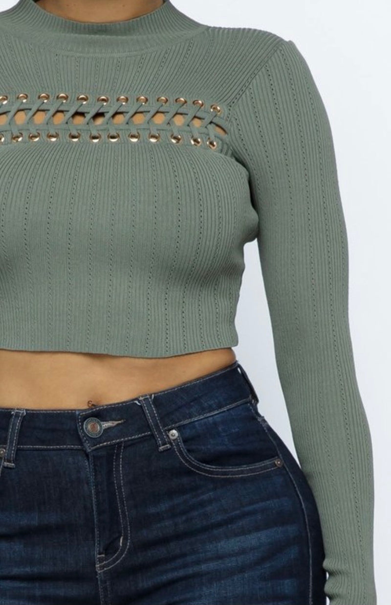 Hera Collection Mock Neck Across Lace Crop Top (Moss)