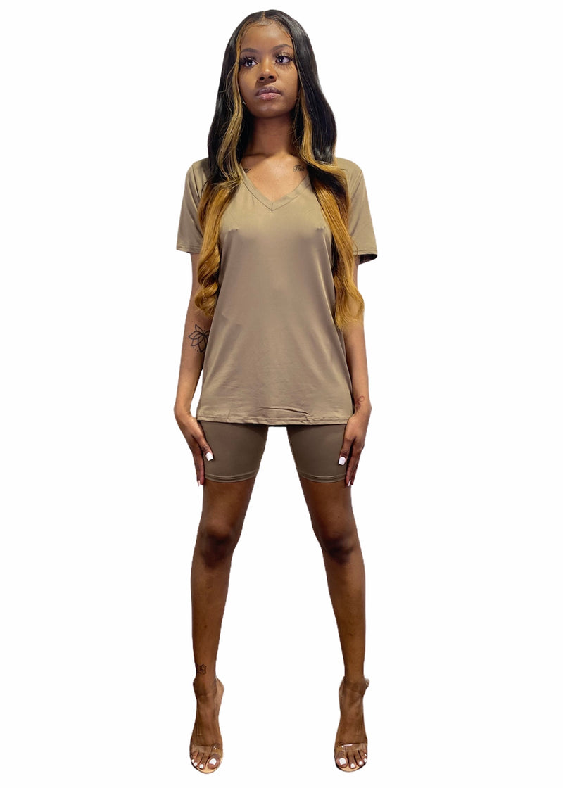 Daisy Solid V Neck Short Sleeve Top T Shirt & Biker Shorts Set (Dark Taupe)