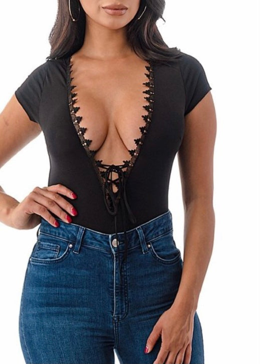 The Way V Neck Lace Pattern Bodysuit Top (Black) TWL2012