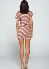 WinWin Drawstring Ruched Side SS Tie Dye Print Dress (Brown) WD11689