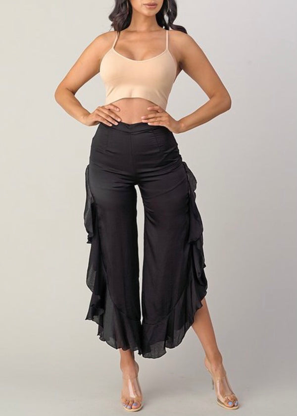 Primi Satin Stretch Ruffle Pants (Black) P3147