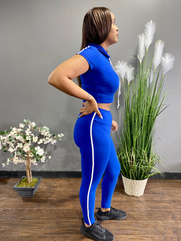 Capella Stripe Trim Hooded Crop Top & Leggings Set (Royal Blue) BTP2414