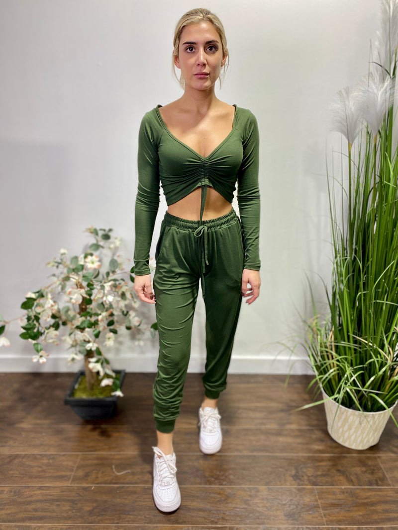 Capella Strap Ruched Crop Top and Jogger Pants Set (Olive) BTP2987