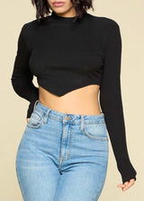 WinWin Long Sleeve Curved Hem Mock Neck Crop Top (Black) WT12221