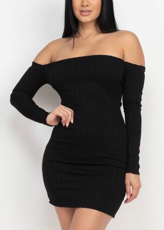 Capella Off Shoulder Lettuce Edge Bodycon Dress (Black) BD2940