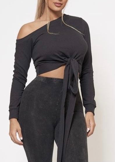 Junie French Terry Off Shoulder Front Self Tie Ribbon Crop Top (Black) AT2538