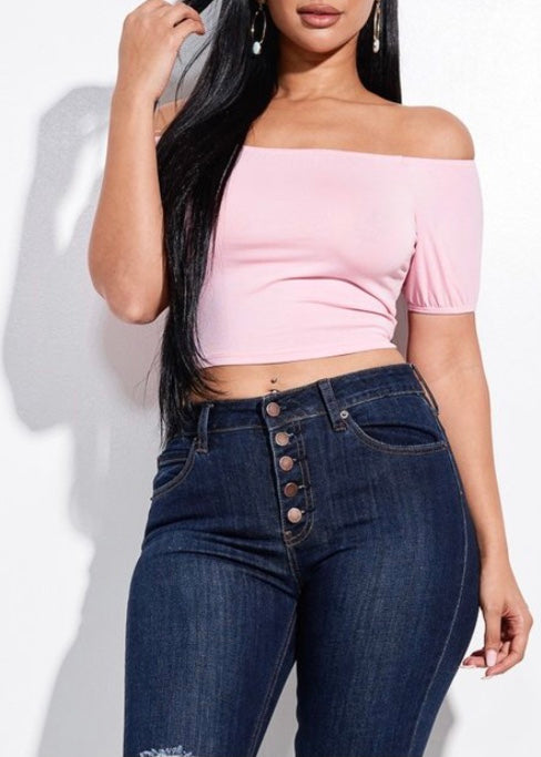 Miss California Off The Shoulder Crop Top W/ Criss Cross Back (Pink) T2739