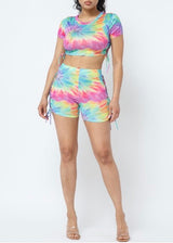 Love Highlight Side Lace Up Crop Top & Lace Up Short Set (Tie Dye) U40656-A