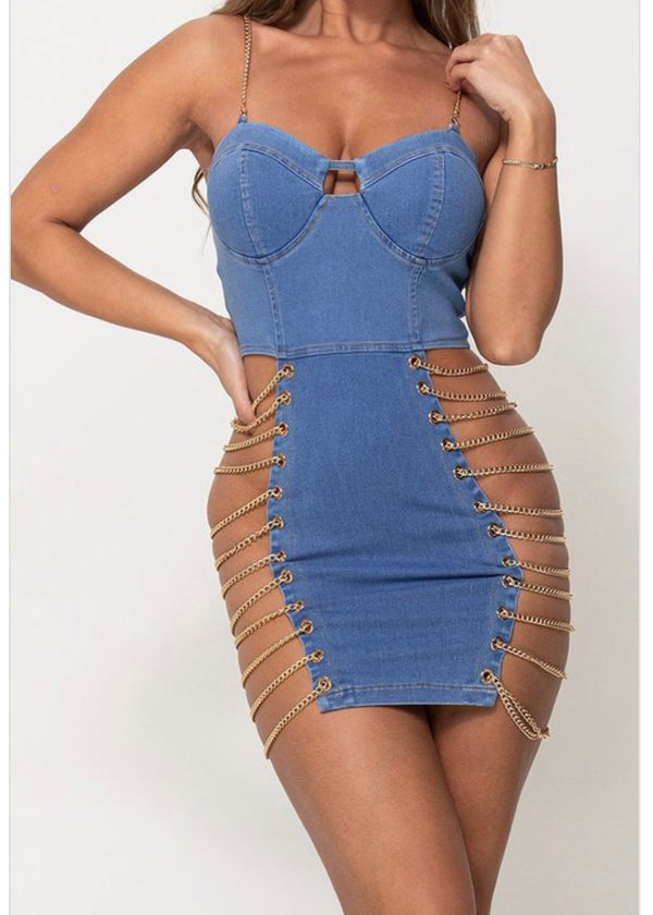 Wildcat Denim Mini Dress W/ Chain Details (Denim) D57485