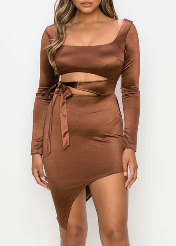 Privy Satin Waist Ribbon Tie Asymmetrical Bodycon Dress (Brown) PD71390N